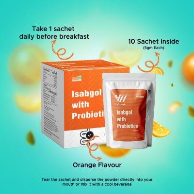 Probiotic Isabgol For Gut Health and Smooth Digestion | 10 Sachets | With Psyllium Husk, Prebiotics and 2 Billion CFU Probiotics | Orange Flavour | Non-Habit Forming | One Sachet A Day